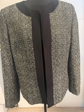 Kasper Black, White, and Gold Tweed Open-Front Blazer